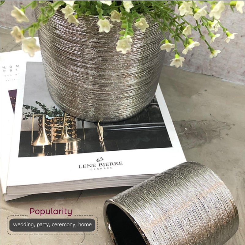 WGVI Silver Etched Ceramic Cylinder Vase Width 6.5" Height 6", Flower Arrangements, Candle Holder, Terrarium Planter Pot, Storage Container Organizer, Pen Brush Holder, Scratched Texture Design, 1 Pc - Image 4